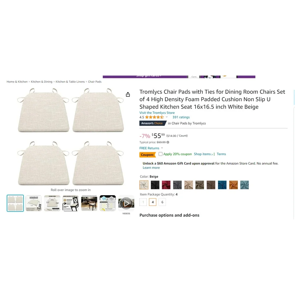 Tromlycs Chair Cushions with Ties for Dining Room Chairs Set of 4 - NEW - BEIGE